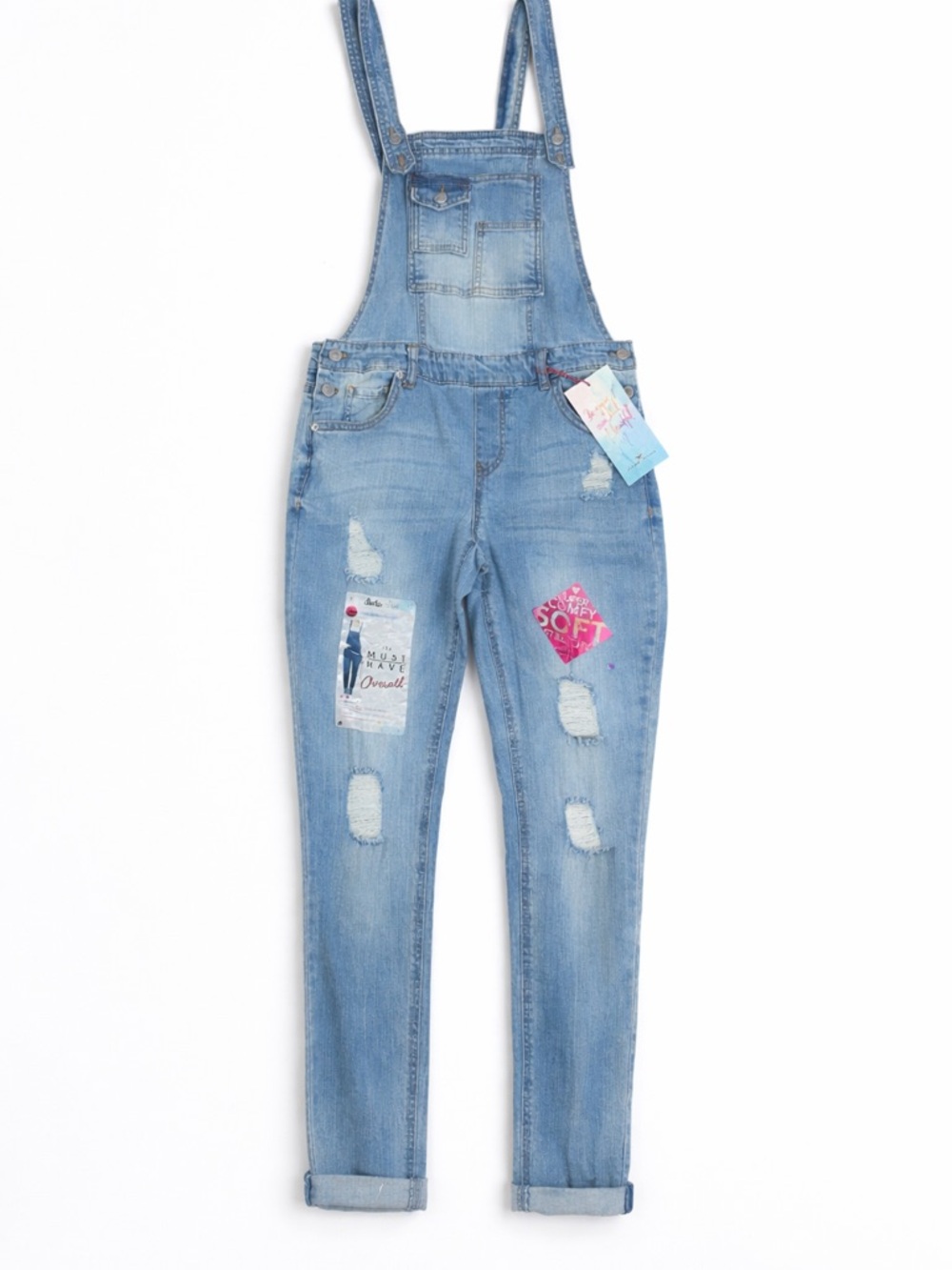 NWT Almost Famous Light Blue Distressed Denim Overalls for Women